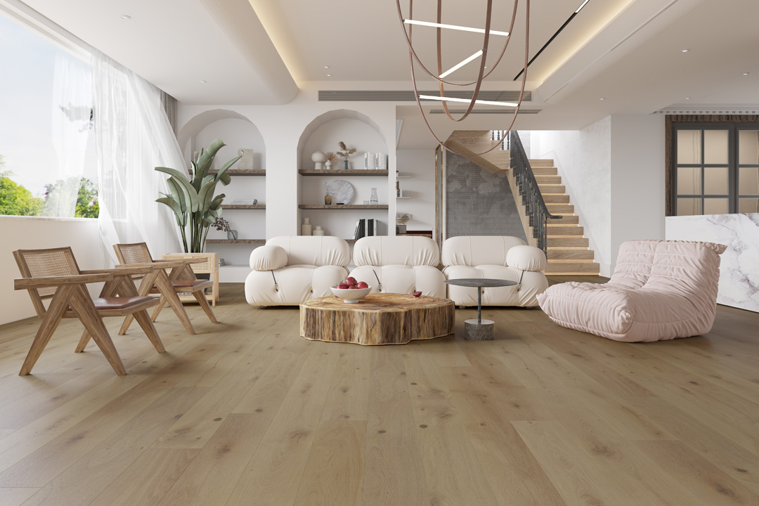 neutral living room with light wooden floor, cream sofa and indoor plants